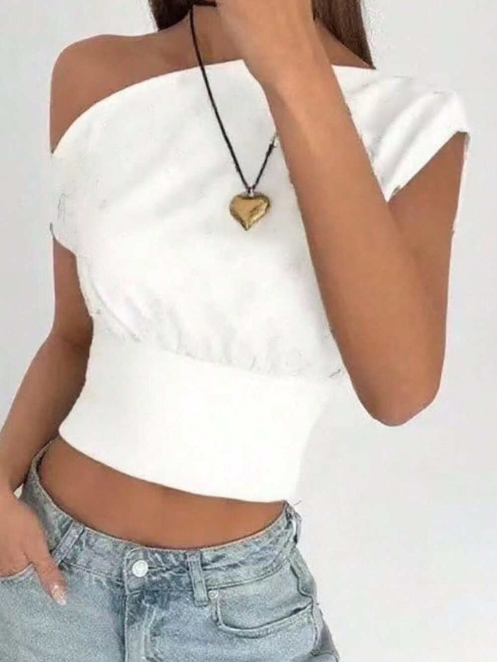 White Casual Women's Elegant Asymmetric Neckline Cropped Top - Picture 5 of 6